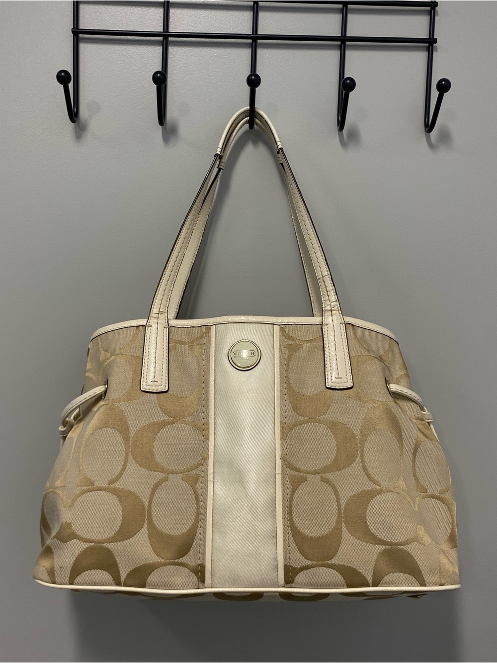 Coach Signature Canvas Shoulder Tote in Beige and Cream